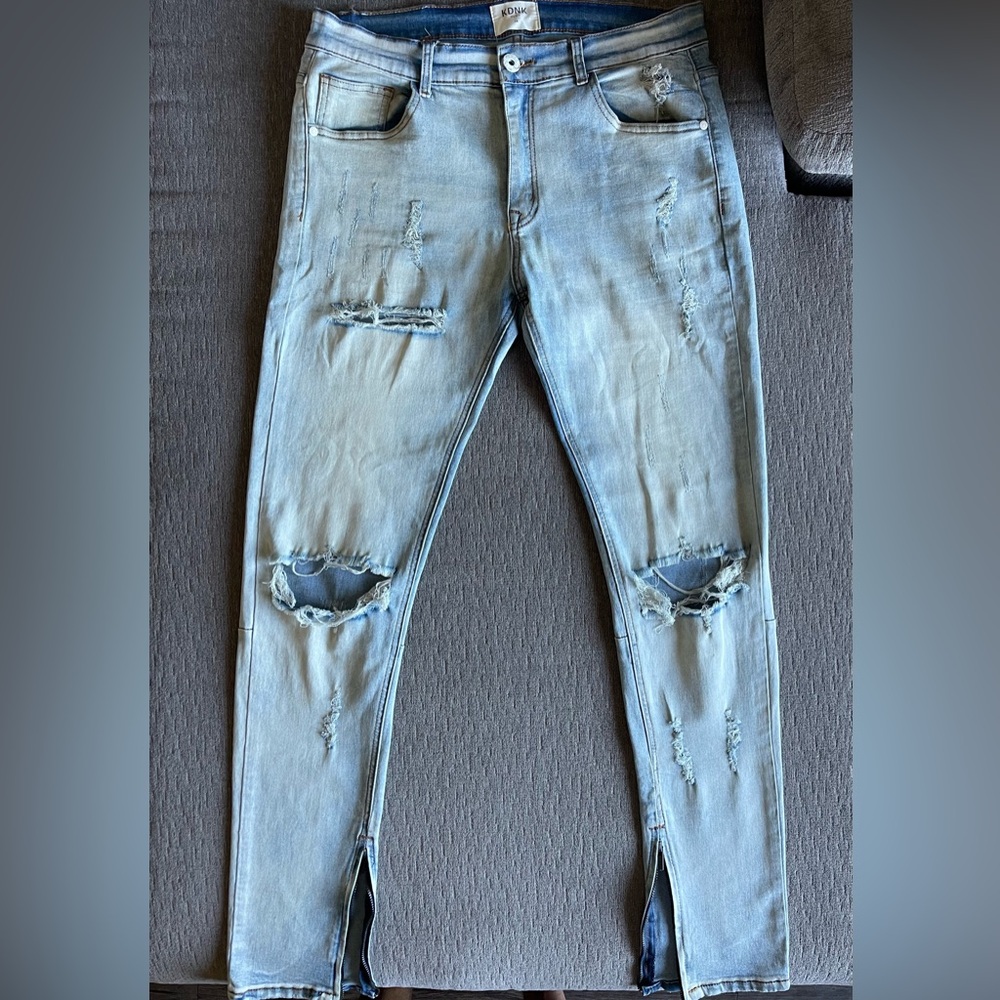 KDNK Light Wash Distressed Ripped Skinny Jeans